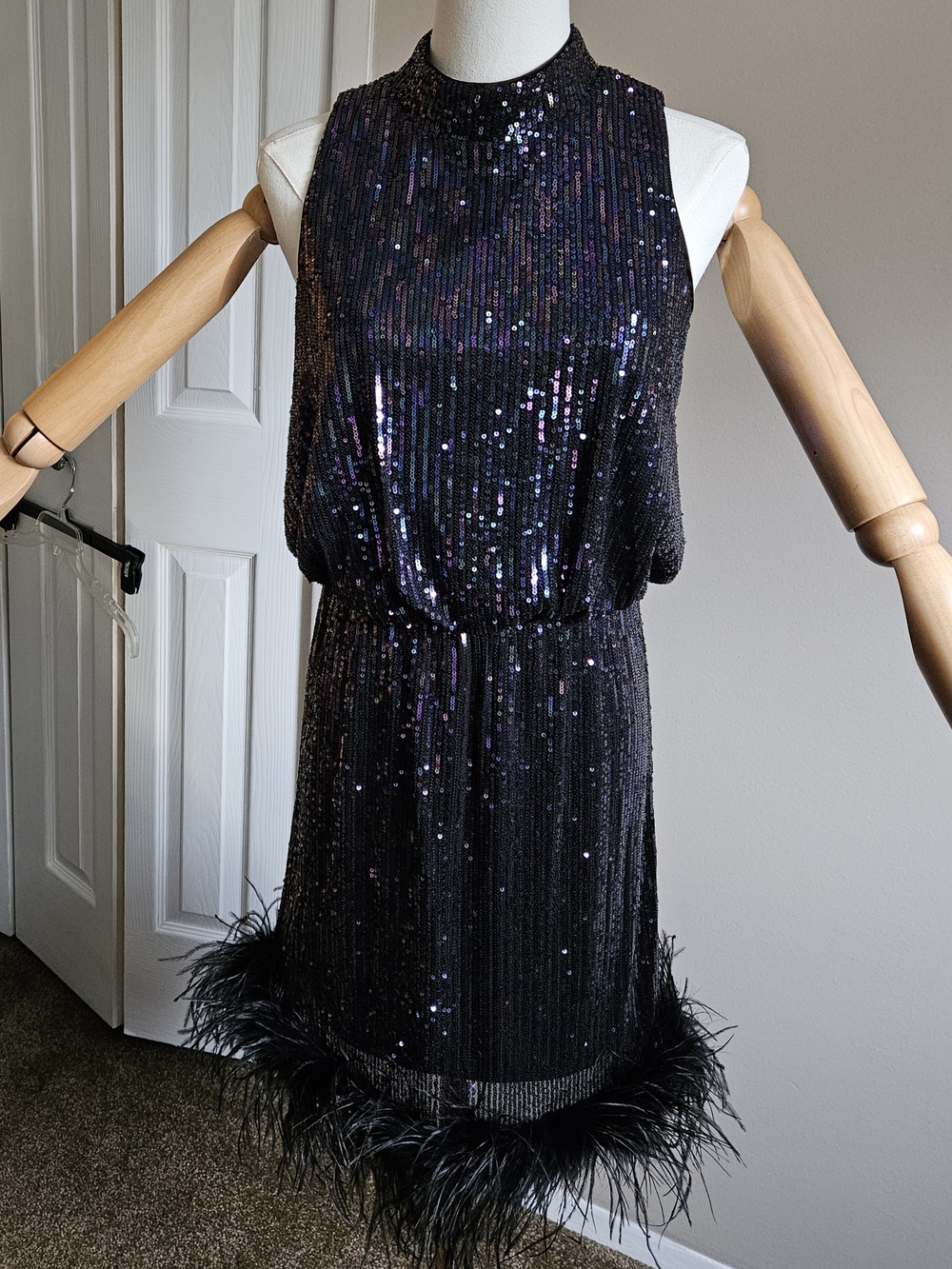 Eliza J Black Sequin Feather-Hem Mini Dress Size 8.